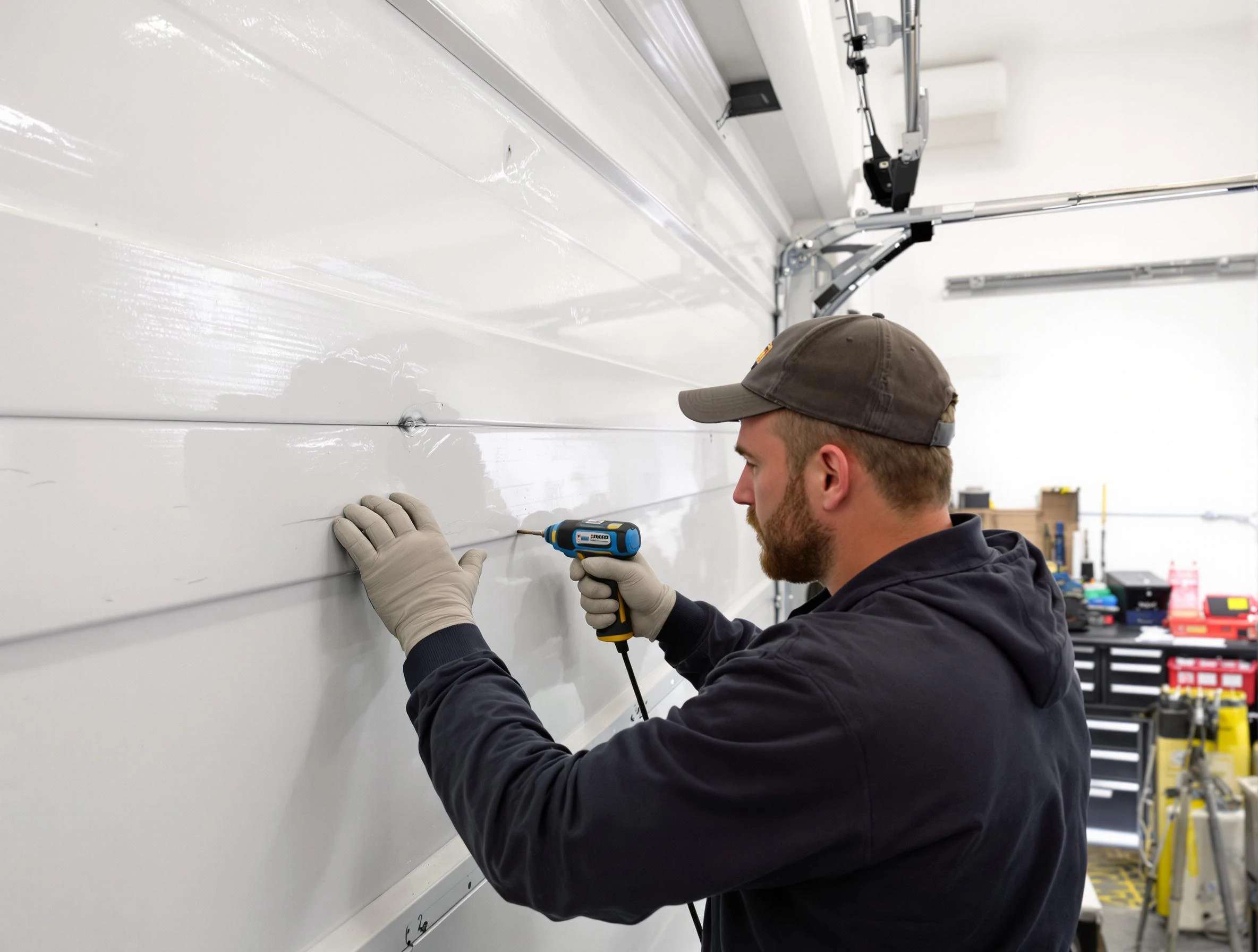 Ramapo Garage Door Repair technician demonstrating precision dent removal techniques on a Ramapo garage door