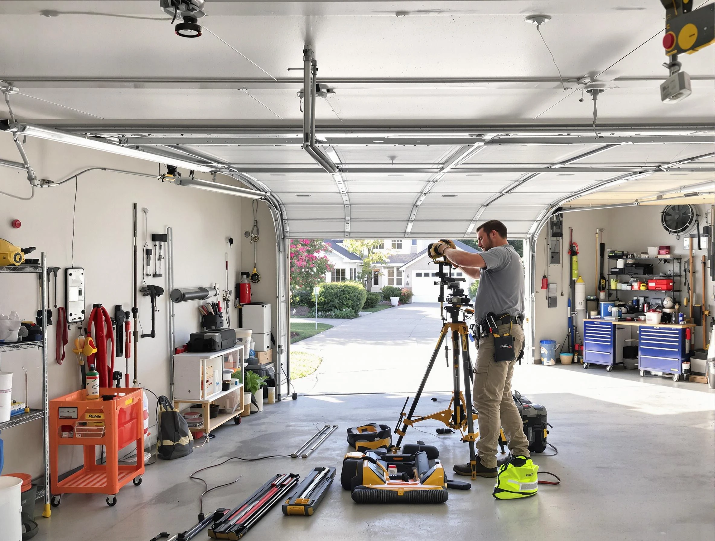Ramapo Garage Door Repair specialist performing laser-guided track alignment in Ramapo